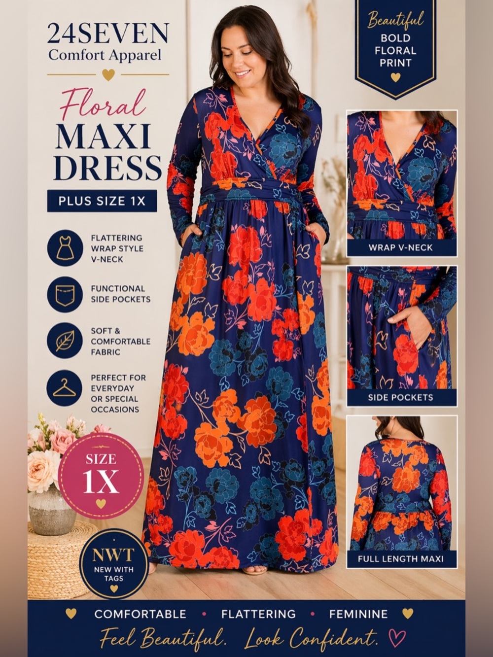 24seven Floral Maxi Dress Plus Size 1X Pockets NWT